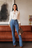 Calça Jeans Flare Clássica Cós Super Alto 99% Algodão