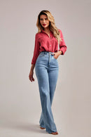 Calça Jeans Wide Leg Basic Cós Super Alto Barra Corte a Laser Clara