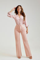 Calça Jeans Wide Leg Modeladora Cós Super Alto Barra Desfiada Rosa