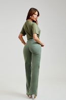 Calça Jeans Wide Leg Modeladora Cós Super Alto Barra Desfiada Verde