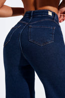 Calça Jeans Pantalona Luxury Cós Super Alto Barra Corte a Laser Escura