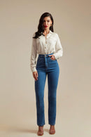 Calça Jeans Reta Clássica Cós Super Alto 99% Algodão