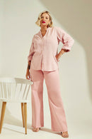 Calça Jeans Wide Leg Modeladora Cós Super Alto Barra Desfiada Rosa
