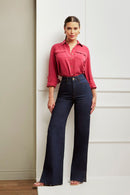 Calça Jeans Wide Leg Ultra Modeladora Cós Super Alto Barra Corte a Laser