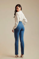 Calça Jeans Reta Clássica Cós Super Alto 99% Algodão