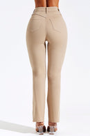Calça Jeans Reta Modeladora Cós Alto Barra Corte a Laser Nude