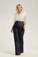 Calça Jeans Wide Leg Modeladora Fantástica Cós Super Alto Barra Corte a Laser