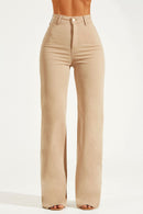 Calça Jeans Wide Leg Modeladora Cós Super Alto Barra Corte a Laser Sem Bolso Frontal Nude