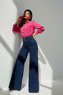 Calça Jeans Pantalona Luxury Cós Super Alto Barra Corte a Laser Escura