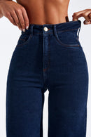 Calça Jeans Pantalona Luxury Cós Super Alto Barra Corte a Laser Escura