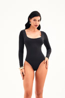 Body Manga Longa Decote Quadrado Curve Dupla Face Preto com Verde