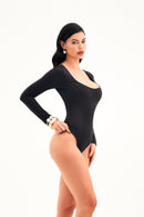 Body Manga Longa Decote Quadrado Curve Dupla Face Preto com Verde