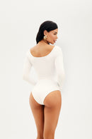 Body Manga Longa Decote Quadrado Curve Dupla Face Verde com Off White