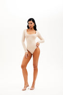 Body Manga Longa Decote Quadrado Curve Dupla Face Coffee com Nude