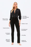 Calça Jeans Reta Modeladora Cós Médio Barra Desfiada Preto Intenso