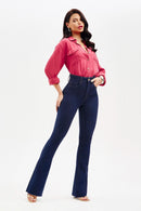 Calça Jeans Flare Modeladora Revolucionária Cós Super Alto Barra Corte a Laser Escura