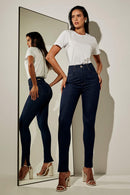 Calça Jeans Skinny Ultra Modeladora Cós Alto Barra Corte a Laser