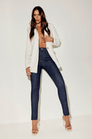 Calça Jeans Skinny Ultra Modeladora Cós Alto Barra Corte a Laser