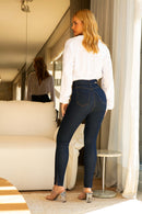 Calça Jeans Skinny Ultra Modeladora Cós Alto Barra Corte a Laser