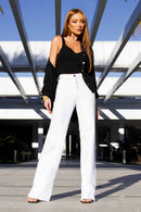 Calça Jeans Wide Leg Modeladora Milagrosa Cós Super Alto Barra Corte a Laser Branca