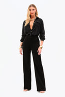 Calça Jeans Wide Leg Modeladora Cós Médio Barra Tradicional Preto Intenso