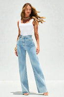 Calça Jeans Wide Leg Basic Cós Super Alto Barra Corte a Laser Clara