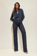 Calça Jeans Wide Leg Modeladora Fantástica Cós Super Alto Barra Corte a Laser