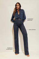 Calça Jeans Wide Leg Modeladora Fantástica Cós Super Alto Barra Corte a Laser