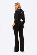 Calça Jeans Wide Leg Modeladora Cós Super Alto Barra Corte a Laser Preto Intenso