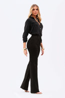 Calça Jeans Wide Leg Modeladora Cós Super Alto Barra Corte a Laser Preto Intenso
