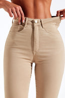 Calça Jeans Reta Modeladora Cós Alto Barra Corte a Laser Nude