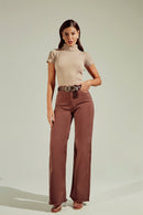 Calça Jeans Wide Leg Modeladora Cós Super Alto com Barra Desfiada Coffee