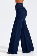 Calça Jeans Pantalona Luxury Cós Super Alto Barra Corte a Laser Escura