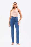 Calça Jeans Reta Clássica Cós Super Alto 99% Algodão