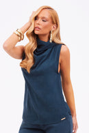 Blusa Feminina de Linho com Gola Drapeada Dunas Azul Marinho