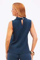 Blusa Feminina de Linho com Gola Drapeada Dunas Azul Marinho