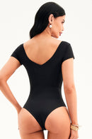 Body Decote V Manga Curta Todo Duplo Curve Preto