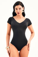 Body Decote V Manga Curta Todo Duplo Curve Preto