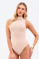 Body Gola Alta Sem Manga Curve Dupla Face Coffee com Nude