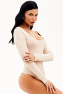 Body Manga Longa Decote Quadrado Curve Dupla Face Branco com Nude