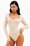 Body Manga Longa Decote Quadrado Curve Dupla Face Branco com Nude