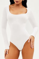 Body Manga Longa Decote Quadrado Curve Dupla Face Branco com Nude