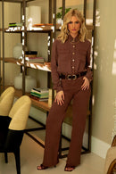 Calça Jeans Wide Leg Modeladora Cós Super Alto com Barra Desfiada Coffee
