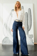 Calça Jeans Pantalona Luxury Cós Super Alto Barra Corte a Laser Escura