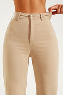 Calça Jeans Wide Leg Modeladora Cós Super Alto Barra Corte a Laser Sem Bolso Frontal Nude