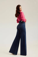 Calça Jeans Pantalona Luxury Cós Super Alto Barra Corte a Laser Escura
