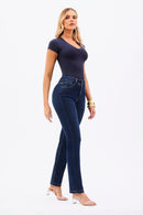 Calça Jeans Reta Modeladora Curva dos Sonhos Cós Médio Escura