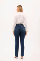 Calça Jeans Reta Modeladora Essencial Cós Super Alto Barra Corte a Laser