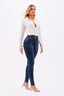 Calça Jeans Skinny Modeladora Essencial Cós Super Alto Barra Corte a Laser