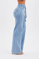 Calça Jeans Wide Leg Basic com Cinto Removível Cós Super Alto Clara